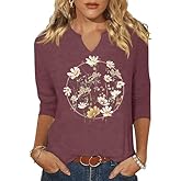 3/4 Sleeve Shirts for Women V Neck Wild Flower Graphic Blouse Cute Boho Floral Casual Cottagecore Tops Tee
