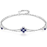 PHNIBIRD Birthstone Bracelets for Women with Four Leaf Clover 925 Sterling Silver Bracelet Double Layer Trendy Birthday Jewelry Gift for Women