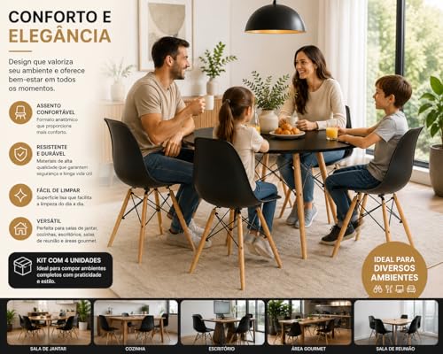 Kit 4 Cadeiras Eames Premium com Pés de Madeira – Design Moderno para Sala de Jantar, Cozinha e Escritório (PRETO)