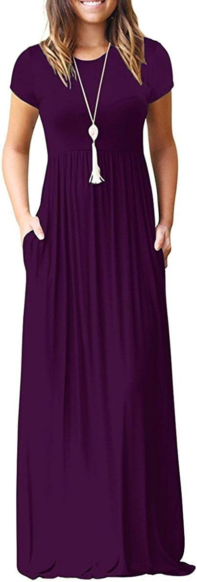 AUSELILYWomen Short Sleeve Loose Plain Casual Long Maxi Dresses with Pockets