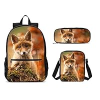 PrelerDIY Cute Baby Fox Backpack Set 3 Piece 17 Inch Plus Book Bag Shoulder Bag Pencil Case for Boys Girls 1-6th Grade Kids Back to School
