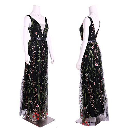 KONVINIT Womens Long 3D Flower Prom Party Dress Backless Casual Gown Tulle Prom Maxi Dress Black