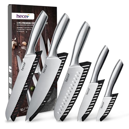 hecef Professional Kitchen Knives Set, All Stainless Steel Silver, Chef's Knife, 5 Pieces Kitchen Knife and 5 Pieces Knife Liners