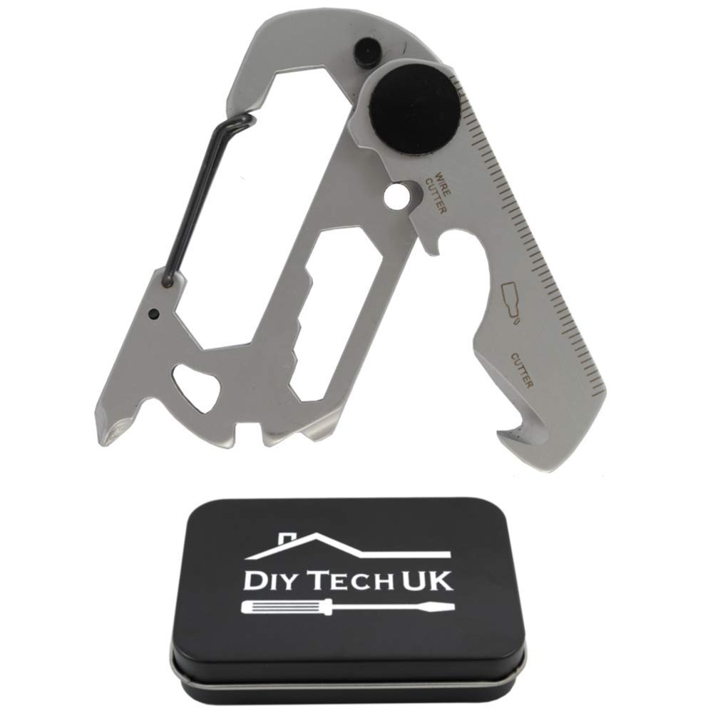 DIY TECH UK - 12 in 1 Pocket Multi Tool - Mini Multitool with Screwdrivers - Carabiner Keyring - Just 73mm - Bottle Opener, Wrench, Wire and Safety Belt Cutter, Ruler, Spanners - with Gift Tin