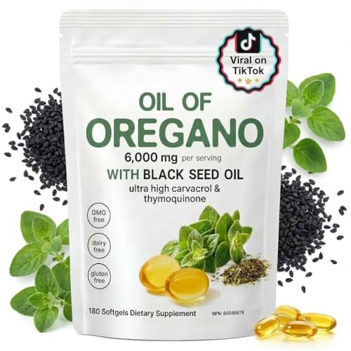 Oil of Oregano Softgels 6000mg Per Serving, 180 Count | 2 in 1 Formulated with Black Seed Oil 200mg, 4X Strength Carvacrol & Thymoquinone | Plant Based, Non-GMO