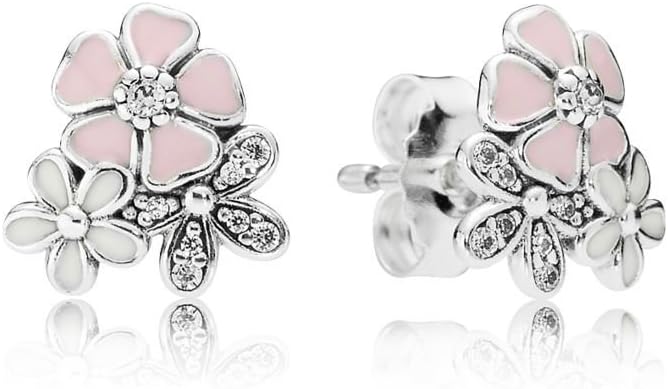 Stone BeadsStonebeads Poetic Blooms Stud Earrings in 925 sterling silver with clear cubic zirconia stones and enamel in white and pink soft