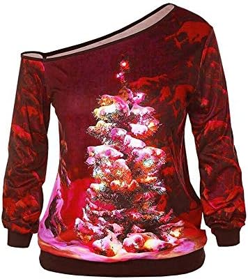 Christmas Tops for Women,Xmas Tree Printed Long Sleeve Strapless Off Shoulder Pullover Blouse T-Shirt