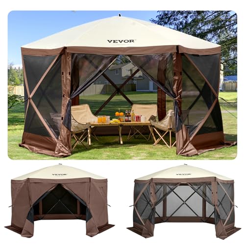 VEVOR Camping Gazebo Screen Tent, 12x12ft, Brown/Beige | 6 Sided Pop-up Canopy,