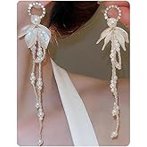 White Flower Earrings for Women Long Pearl Drop Statement Earrings Dainty Wedding Floral Earring for Brides Aesthetic Petal Jewelry Accessories