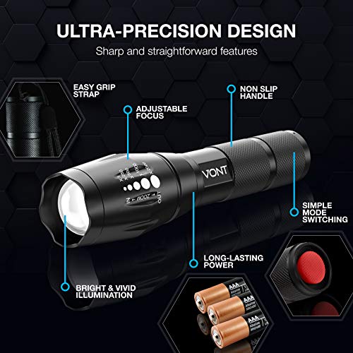 Vont LED Tactical Flashlight, [2 Pack] 2X Longer Battery Life, 5 Modes