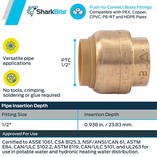 SharkBite 1/2 Inch Push Cap, Pack of 4, Push to Connect Brass Plumbing