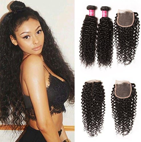 Dinoce Compatible with Longqi Beauty Brazilian Curly Hair Unprocessed Virgin Bundles with 4x4 Free Part Lace Closure Curly Human Hair Weave for Black Women (16 18 20+14, Natural Color)