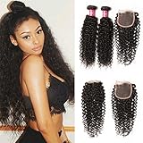 Longqi Beauty Unprocessed Brazilian Curly Virgin Human Hair Weave 3 Bundles with 1 piece Free Part Lace Top Closure 100% Human Hair