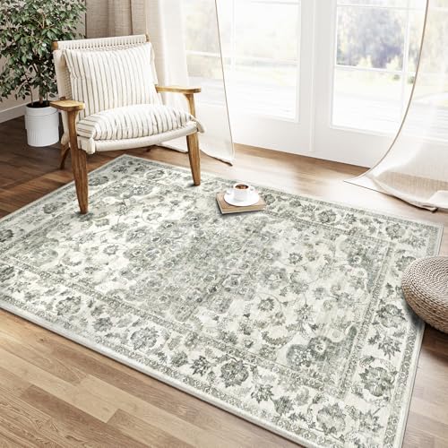 HUGEAR Vintage Grün Waschbarer Teppich Wohnzimmer 120x170cm Retro Rugs for Living Room Weich rutschfest Groß Tepich Kurzflor Schlafzimmer Carpet Livin