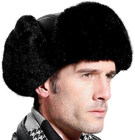 Men's Ushanka Hat - Winter Artificial Wool Fur Russia Aviator Hats Black
