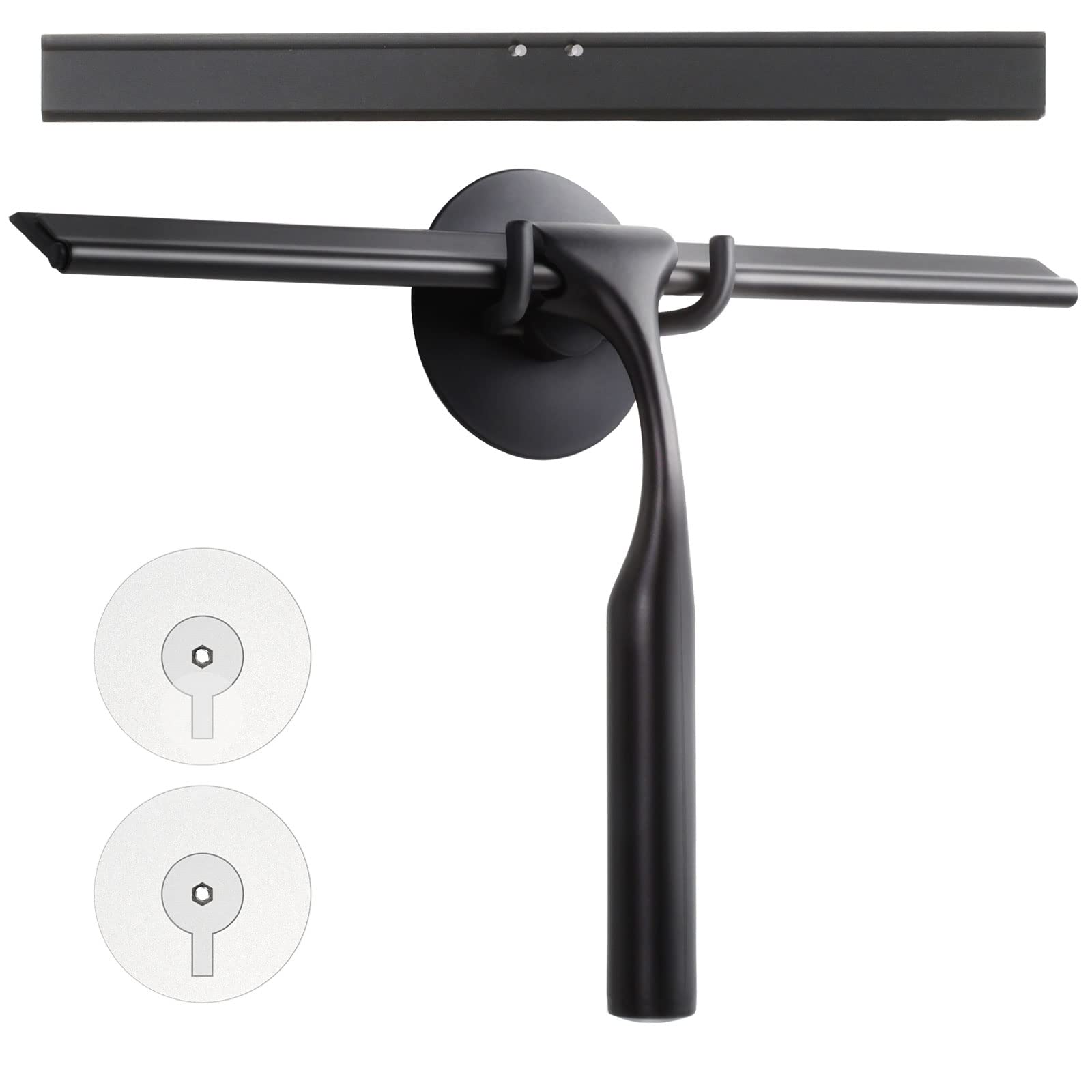 GlobaLink Shower Squeegee, 12 inches Stainless Steel Shower Scrapers with Hanging Suction Hook All-Purpose Bathroom Window Wiper With Replacement Silicone Blade for Shower Door, Mirror-Black