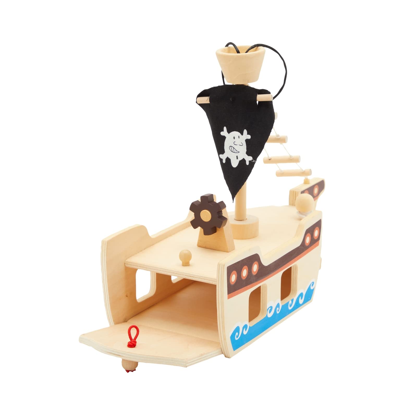 BLUE PANDA Wooden Pirate Ship Toy Playset for Kids with Shark Figurine, Boat & 11 Pieces - Pirate Toys for Age 3 and Above