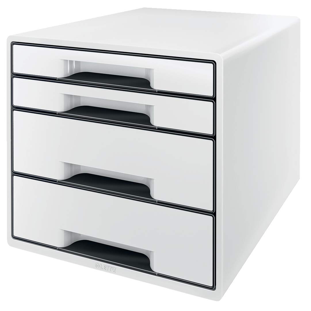Leitz 4 A4 Drawer Cabinet with Marker Pen and Transparent Tray, Organiser, Wow Range, White/Black