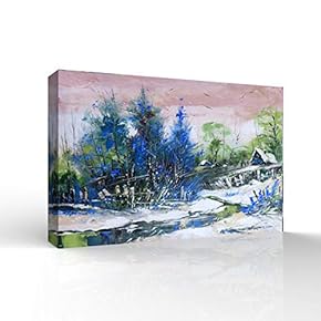 Canvas Wall Art - Winter Forest Snow Village Oil Painting - Modern Home Art Stretched and Framed Ready to Hang - 12x18 inches