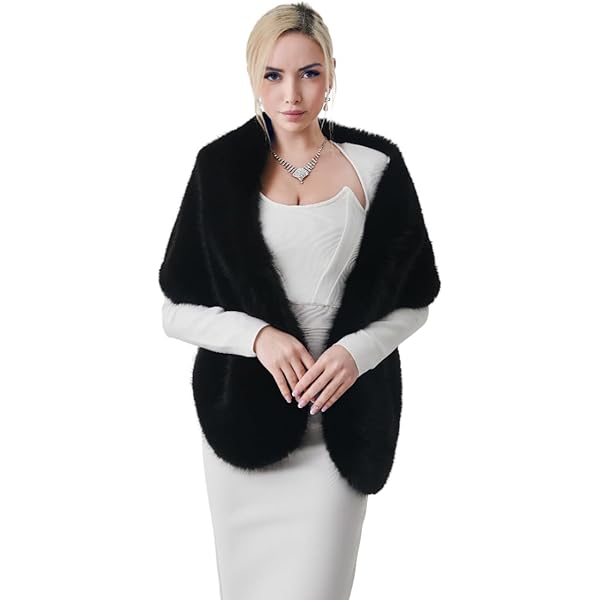 Winter Faux Fur Shawl and Satin Gloves Set for Women Dress Party Wedding Faux Fur Shawl Wrap Stoles for Brides - ChicSew main image 4
