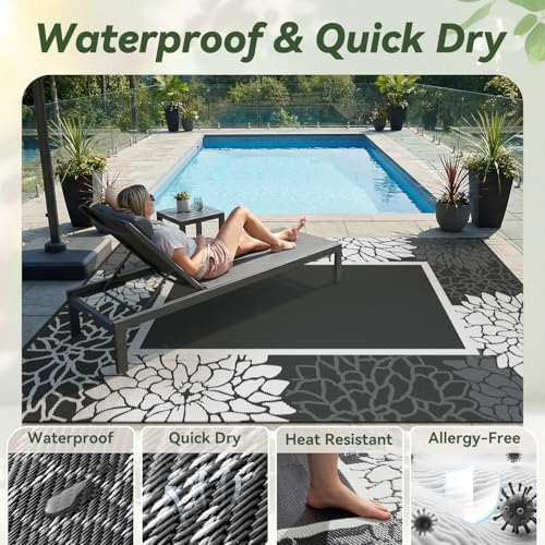 RESARE-Outdoor Rug-Patio Rug 8x10 ft RV Camping Floral Waterproof Mat Portable Outdoor Area Carpet for Deck Porch Picnic Balcony Backyard Beach Rugs Reversible Non Fading Black & White