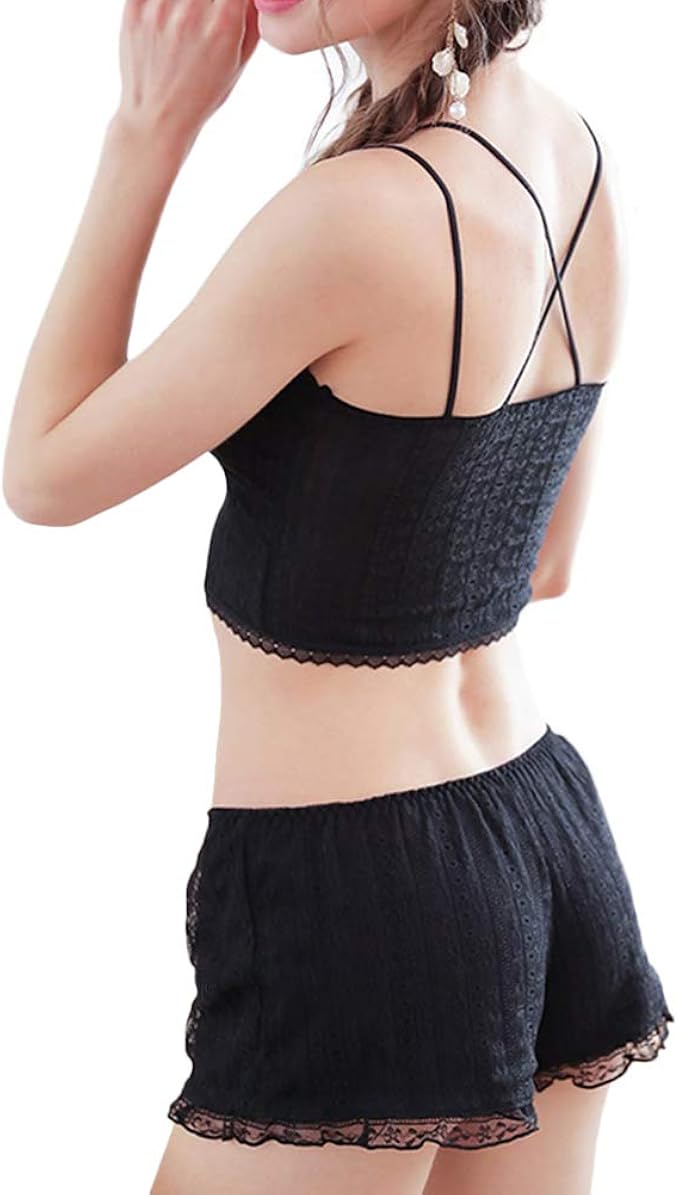 Amazon Alaix キャミソール バアトップ 可愛いタンクトップ ブラ ボクサーパンツ 上下 2点ルームウェア 可愛いブルマーパンツ パジャマ 総レースフリル 快適通気 パッド付きブラ フリル 下着 ブラック キャミソール タンクトップ 通販
