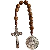 Hilufiet Catholic Wood Beads Rosary Stainless Steel Cross Saint Benedict Pendant Wooden Prayer Beads
