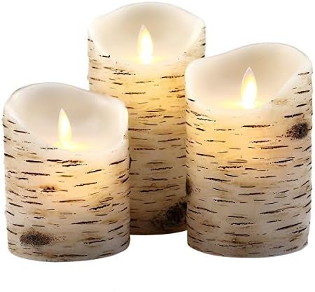 Calm-life Flameless Candles with brich effect 4" 5" 6" Set of 3 Dripless Real Wax Pillars Include Realistic Dancing LED Flames and 10-key Remote Control with 24-hour Timer Function