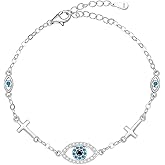 Blue Evil Eyes Link Bracelet, Evil Eye Earrings, S925 Sterling Silver Dainty Cubic Zirconia Adjustable Link Lobster Claw Clasp Chain Jewelry