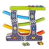 Wooden 4 Lanes Ramp Race Track Tower Games with 4 Mini Racing Cars Toy Set for Kids Toddlers