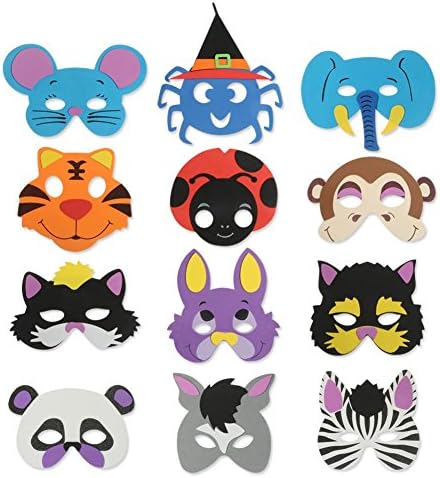 Foam Animal Masks | 12pcs Assorted Animal Foam Masks for Kids Birthday Party Safari Zoo Party Dress Up Costume | Durable Animal Party Masks with Rubber Band String for Ages 3+ | Color Vary | 1604