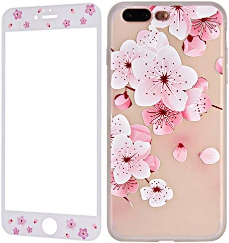 Wafly iPhone 7 Plus Silicone Case with Tempered Glass Screen Protector, iPhone 8 Plus Case Flower Pattern, Floral Slim Soft Full Protective Bumper Cover for iPhone 8 Plus/7 Plus, 5.5”-Women Girls