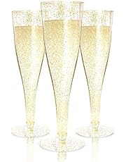 24 Plastic Champagne Flutes Disposable | Gold Glitter Plastic Champagne Glasses for Parties | Glitter Clear Plastic Cups | Plastic Toasting Glasses | Mimosa | Wedding and Shower Party Supplies