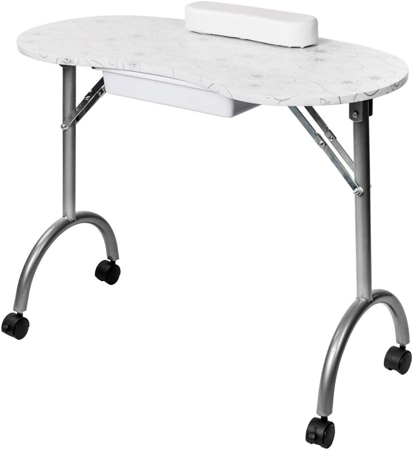 Byya Professional 36inch Portable & Foldable 1-Drawer Manicure Table Nail Technician Desk Workstation Manicure Table with Client Wrist Pad and Carrying Case,W/Lockable Wheels (White)