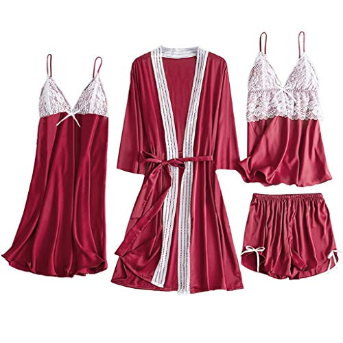 Moilant 4PC Women Sleepwear Satin Lace Camisole Bowknot Shorts Nightdress Robe Pajamas Lingerie Red