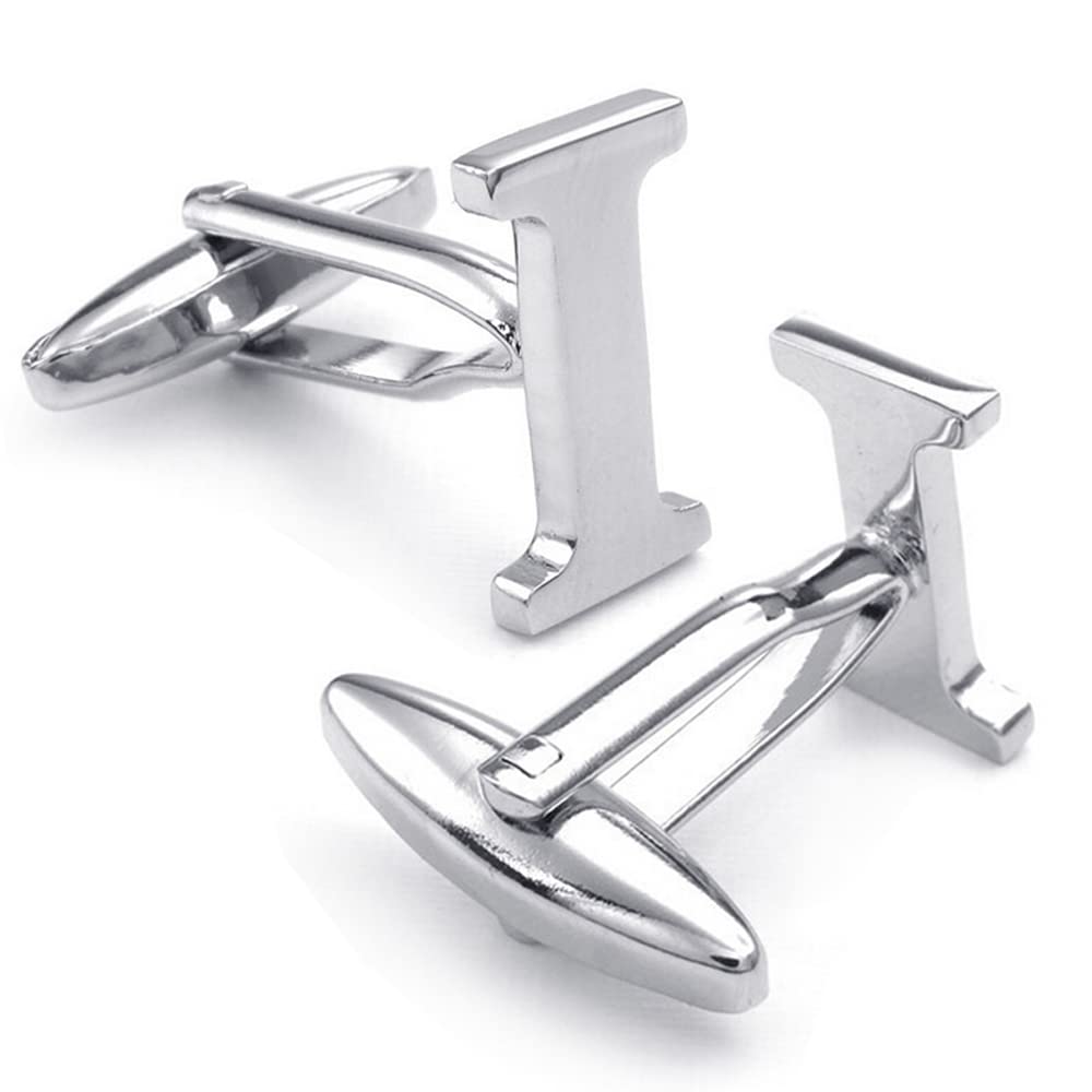 HONEY BEAR Mens Initial Alphabet Letter Silver White Steel Wedding Formal Business Cufflinks (I)