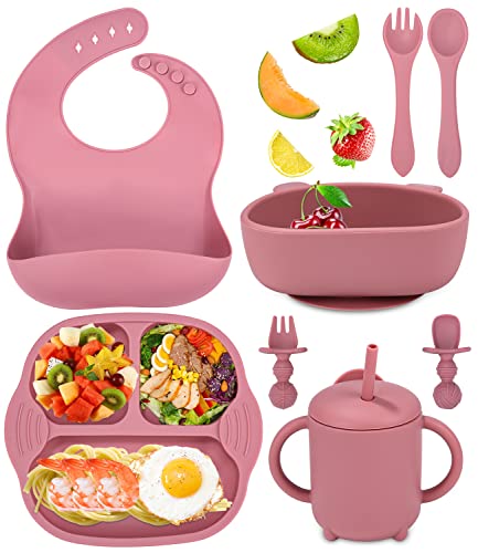 Jissta set pappa bimbo,set di svezzamento in silicone 8 pezzi con ventosa ciotola cucchiaio bavaglino della forchetta tazza da bere,stoviglie per lo svezzamento del bambino impermeabile BPA(Rosa)