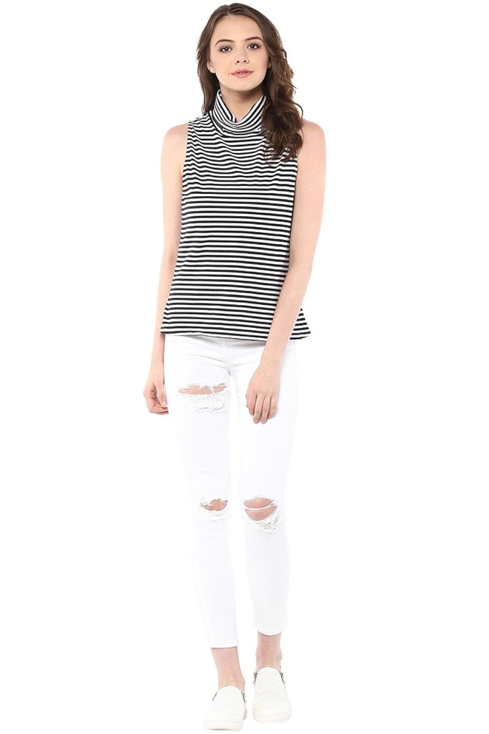 miss chase women's cotton sleeveless high neck top (black and white)