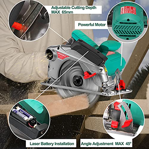 Circular Saw with Laser Guide,HYCHIKA 1500W/12.5A Corded Electric Saw with 4700RPM, 2Pcs Blades