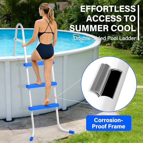 Heavy Duty Steel Frame Swimming Pool Ladder for Above Ground Pools, 3-Step Double-Sided Pool Stairs for 36" Height Pools, 450lbs Capacity with Anti-Slip Rubber Feet & Wide Steps