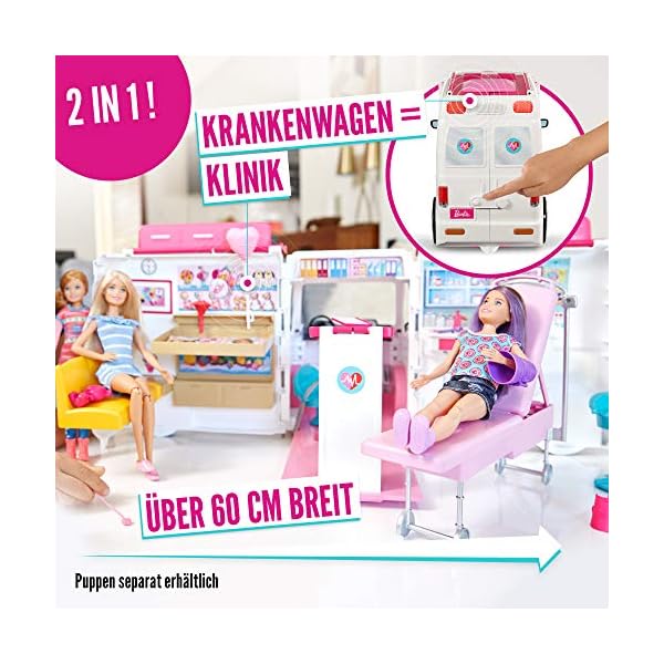 Barbie Krankenwagen, 2-in 1 inkl. aufklappbarem Krankenhaus-Spielset mit Licht und Geräuschen, 20x Barbie Zubehör wie Arztkoffer und Krücken, Spielzeug ab 3 Jahren, FRM19 – Bild 4