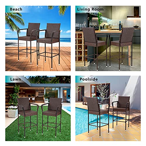COOLNIC 2 Pieces Wicker Outdoor Bar Stools Patio Chairs with Armrest UV