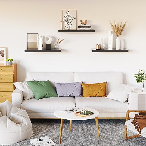 Floating Shelves for Wall, Black Wood Wall Shelf Set of 3, 16" Wall Mounted Floating Shelf for Kitchen, Living Room, Bedroom, Bathroom Storage, Book Shelf for Wall Home Decor, Frame Display