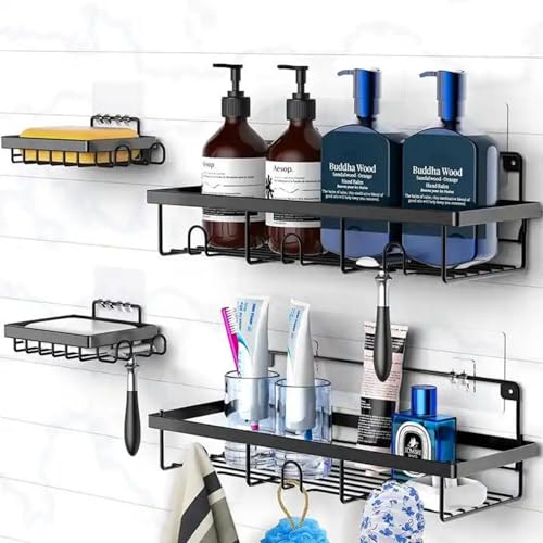 Kit com 4 Suportes, Suporte Para Shampoo Box, Suporte Banheiro Preto, Adesivo, Suporte Banheiro Sem Furo, Também Possível Com Furo