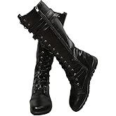 CROSSBABY Women's Vintage Buckle Leather Lace Up Combat Booties,Sexy Knee High Platform Side Zip-up Mid-Calf Boots