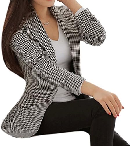 Enlishop Women's Vintage Check Plaid Long Sleeve Casual Long Jacket Blazer