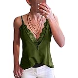 Pukemark Women's Summer Casual Strappy Sleeveless T Shirts V Neck Lace Sexy Spaghetti Strap Cami Tank Tops