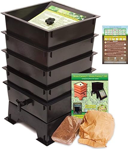 Worm Factory DS4BT 4-Tray Worm Composting Bin + Bonus "What Can Red Wigglers Eat?" Infographic Refrigerator Magnet - Vermicomposting Container System - Live Worm Farm Starter Kit for Kids & Adults
