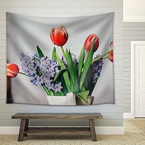 Bath of Tulip and Purple Flowers - Fabric Wall Tapestry Home Decor - 51x60 inches