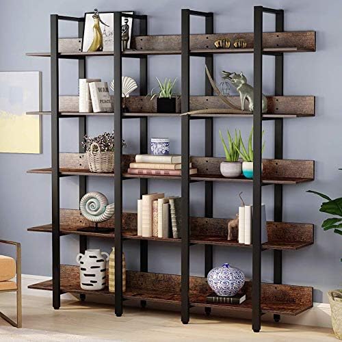 Tribesigns Rustic Triple Vast 5-Tiers Open Bookcase, Classic Industrial Giant 5 Shelf Bookshelf Furnishings, Etagere Bookcases with Again Fence for House Workplace Decor Show (Retro Brown)